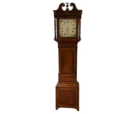 Unsigned - English mid-19th century oak and mahogany 30-hour longcase clock with a painted dial, Swans neck pediment with a s