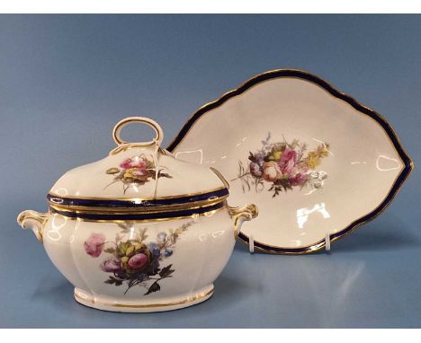 A Derby lobed sauce tureen, cover and stand with Smiths blue bands enclosing flowers painted by William Billingsley, puce mar