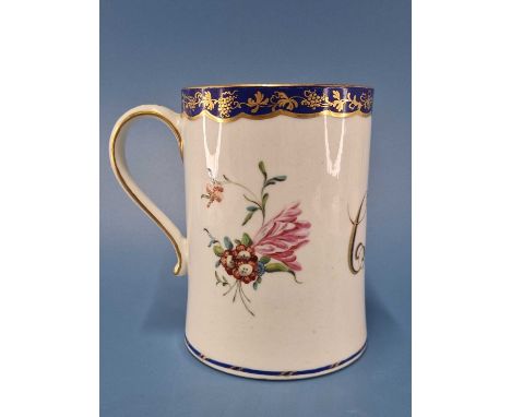 A Chelsea Derby pint mug with a Smiths blue rim above the gilt initials C H R, gilt mark, RF 200Good condition