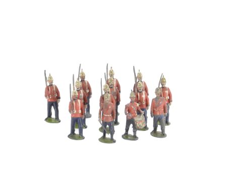 Britains 1895 version Sussex Regiment from set 36 comprising marching infantry (7 matching and 3 matching, total 10), non-mat