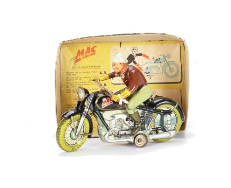 An Arnold Tinplate Clockwork MAC 700 Motorcycle, black frame with detailed tin printed engine, balloon tyres, dismounting rid