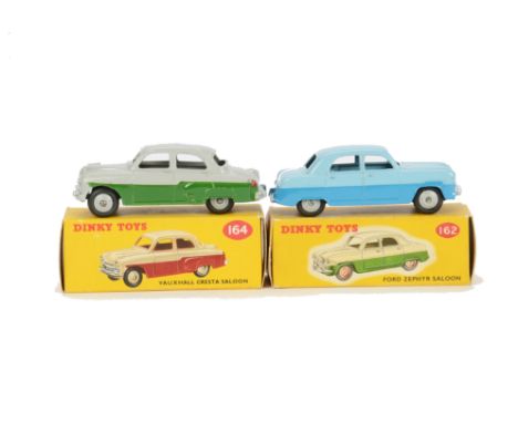 Dinky Toys 162 Ford Zephyr Saloon, two tone blue body, grey hubs, 164 Vauxhall Cresta Saloon, green lower body, grey upper bo