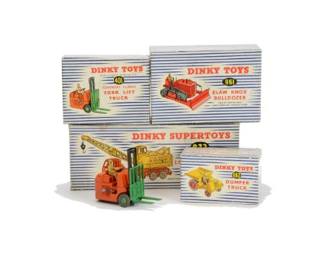 Dinky Toys Construction Vehicles, 972 Coles Lorry Mounted Crane, 961 Blaw Knox Bulldozer, 962 Dumper Truck, 401 Coventry Clim
