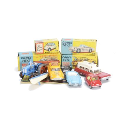 A Corgi Toys 233 Heinkel Economy Car, red body, 436 Citroen Safari ID19, 437 Superior Ambulance, 303 Mercedes-Benz 300SL Open