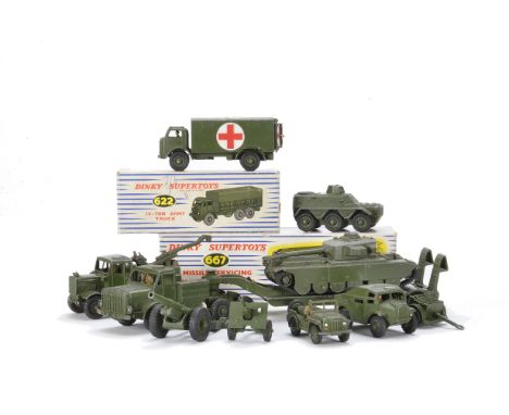 Dinky Supertoys 667 Missile Servicing Platform Vehicle, 622 10-Ton Army Truck, in original boxes, loose 660 Tank Transporter,
