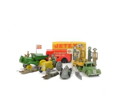 A Condon Products Muir Hill Dumper, green body, yellow wheels, removable driver, G-VG, Charbens Tractor with driver, Timpo Ra