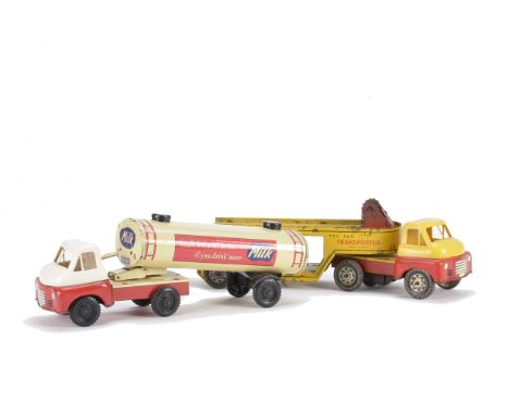 Wells Brimtoy large scale clockwork and friction drive  Articulated Vehicles, Milk Tanker friction  and Car Transporter clock