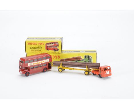 A Budgie Toys No.230 Timber Transporter, orange cab, yellow trailer, five logs, with No.236 Routemaster Bus, 'Esso Golden' de