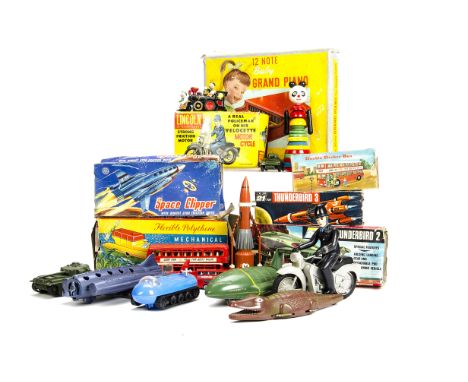 1960s Plastic &amp; Wooden Toys, JR 21 Thunderbird 2 with Thunderbird 4 and Mole, Thunderbird 3, LP Hong Kong Moon Explorer C
