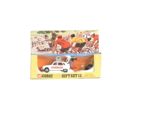 A Corgi Toys Gift Set 13 Tour De France Paramount Film Unit, white/black Renault R16, Cameraman, Cyclist, in original window 