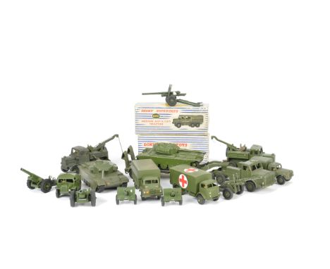 Military Dinky Toys, including 660 Tank Transporter, 661 Recovery Tractor, 651 Centurion Tank (3), 626 Military Ambulance, 68