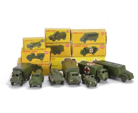 A Dinky Toys 697 25-Pounder Field Gun Set, 626 Military Ambulance, 621 Army Wagon, 674 Austin Champ, 677 Armoured Car, 676 Ar