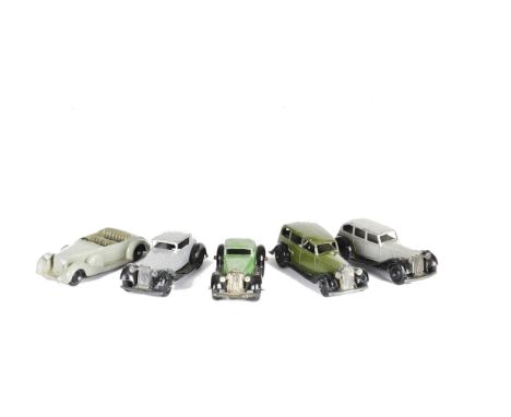 A Dinky Toys 38c Lagonda Sports Coupe, light grey body, mid-grey seats, G, 30d Vauxhall, dark green body, black chassis, G, 3