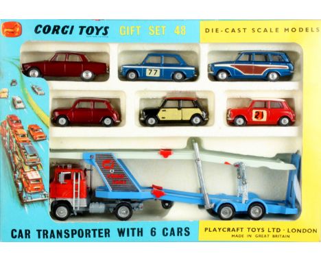 A Corgi Toys Gift Set 48 Car Transporter With 6 Cars, comprising 1148 Transporter, 252 Rover 2000, metallic plum, 340 Sunbeam