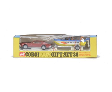 A Corgi Toys Gift Set 36 Oldsmobile Toronado Set, comprising 276 Oldsmobile Toronado, metallic brown body, blue/yellow Swordf