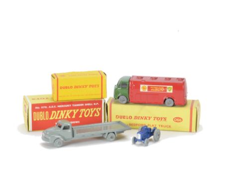 Dublo Dinky Toys, 066 Bedford Flat Truck, 070 AEC Mercury Tanker, 069 Massey Harris Ferguson Tractor, all with grey knobbly p
