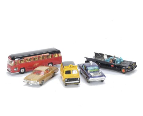 Corgi Toys, 497 Thrush Buster, VG, 245 Buick Riviera, VG, 408 Bedford AA Road Service Van, VG-E, 267 Batmobile, G, lacks beac