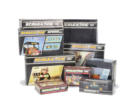 Large collection of Tri-ang Scalextric Accessories and Track 1960s-1980s, including 1960s unboxed buildings, Racing Pit (2), 