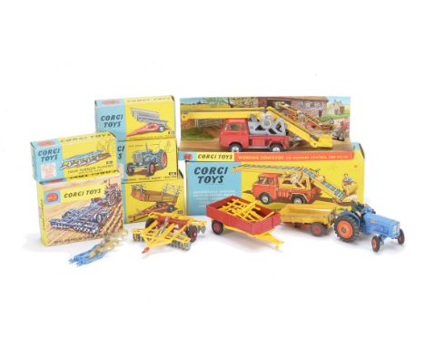 Corgi Toys Farm Vehicles, 64 Working Conveyor, G-VG, 60 Fordson Power Major Tractor, P-F, lacks exhaust, 62 Farm Tipper Trail