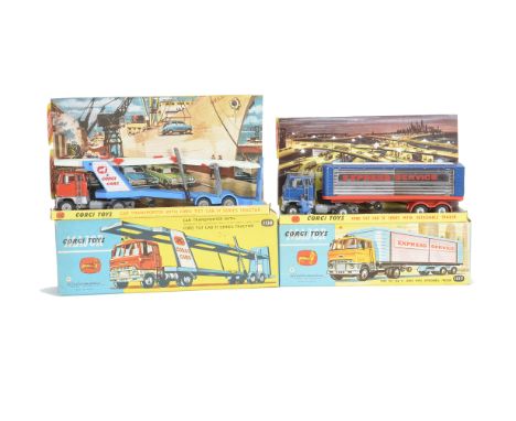 A Corgi Major Toys 1138 Ford Articulated Car Transporter, red/silver tilt cab, blue trailer, four plastic chocks (three left 