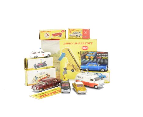 Dinky Toys, 964 Elevator Loader, 287 Police Accident Unit, 278 Vauxhall Ambulance, 160 Mercedes Benz 250 SE, 281 Pathe News C