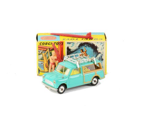 A Corgi Toys 485 BMC Mini Countryman with Surfer, sea-green body, lemon interior, two surfboards, male figure, spun hubs, in 