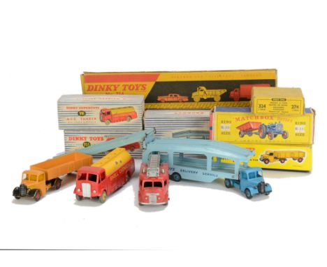 Dinky Toys, 982 Pullmore Car Transporter with Loading Ramp, 955 Fire Engine, 991 AEC Tanker, 324 Hay Rake, 409 Bedford Articu