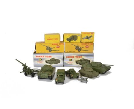 Boxed Military Dinky Toys, 651 Centurion Tank (2), 692 5.5 Medium Gun (2), 641 Army Cargo Truck, 734 Supermarine Swift, 670 A