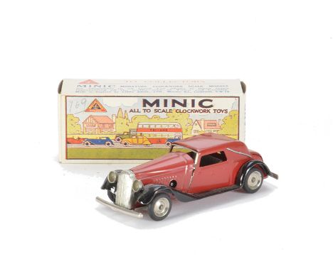 Tri-ang Minic Clockwork Tinplate 19M Vauxhall Cabriolet,  in red and black, in original box, VG-E, box VG clockwork tested we