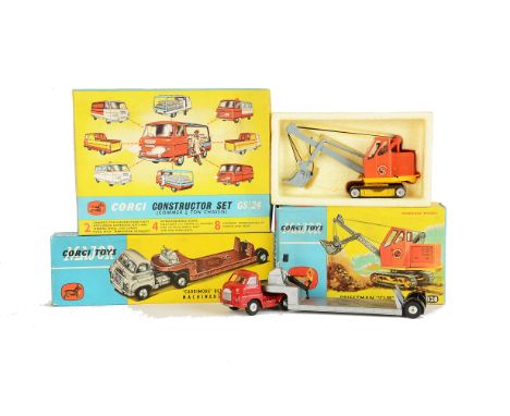 A Corgi Major Toys 1104 Carrimore Machinery Carrier, red cab, silver trailer, smooth hubs, VG-E, 1128 Priestman Cub Shovel, V