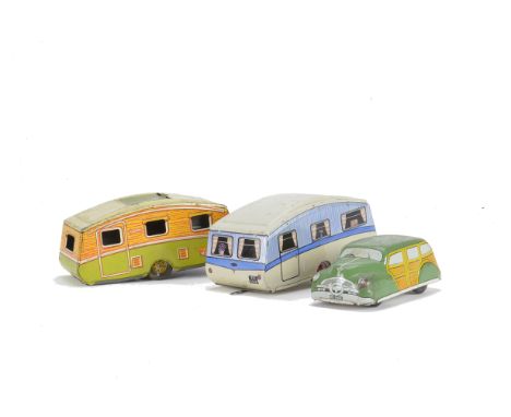Mettoy large scale Tinplate Car and Caravans, friction drive green 'countryman' car and blue and grey caravan with tin window