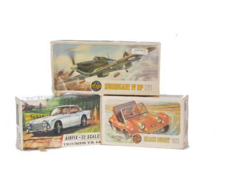 Airfix Car and Airplane Kits, 1:32 Scale Beach Buggy and Triumph TR4A and 1:72 Scale Hurricane 1V RP, all in original boxes. 