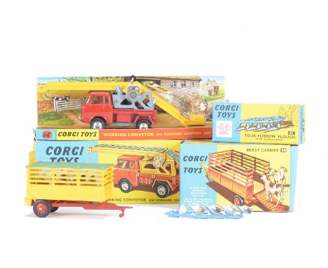 A Corgi Toys 64 Working Conveyor On Forward Control Jeep, 61 Four Furrow Plough, 58 Beast Carrier, in original boxes, E, 64 w