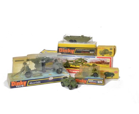 Dinky Toys 618 AEC Artic Transporter With Helicopter, 656 88mm Gun, 676 Daimler Armoured Car, 688 Field Artillery Tractor, 67