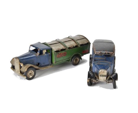 Tri-ang Minic Clockwork Tinplate Taxi and Dustcart, Taxi in blue and black, F, some rust areas, front tyres poor, Dustcart  w