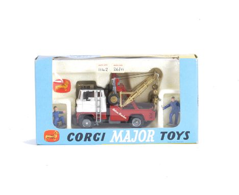 A Corgi Major Toys 1142 Holmes Wrecker Recovery Vehicle, red, white and black body, gold twin booms, ladder on tilt cab, two 