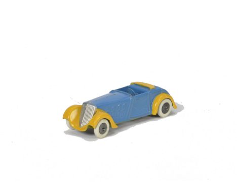 A Pre-War French Dinky 22a Roadster Sports Car, lead two-seater open body, lead wheels, blue body, yellow wings, restored, wi