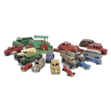 Playworn Dinky Cars & Commercials, including early post-war 38a Frazer Nash, dark blue body, light blue seats, solid steering
