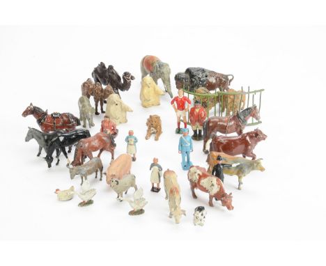 Lead farm and zoo animals and people by Britains, Timpo, Hilco, etc, including fencing with a few other accessories, F-G, a f