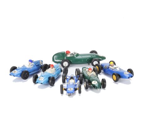 Tri-ang  Scalextric  F1 Racing  Cars, C55 green Vanwall Racing No 8, blue Cooper Racing No 20  and blue  Helmet Driver and bl