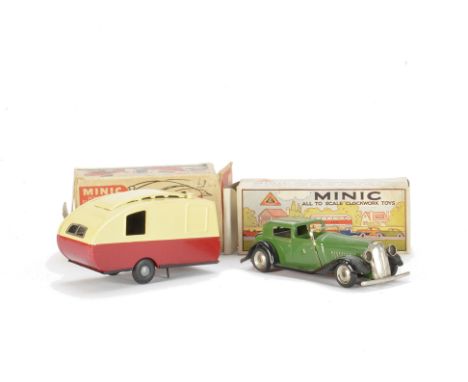 Tri-ang Minic Clockwork Tinplate 18M Vauxhall Town Coupe and Caravan, Coupe in green and black, together with 16M red and cre