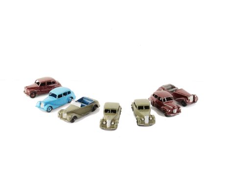 British Cars by Dinky Toys, 40d Austin Devon, maroon body and hubs, F (2), 40b Triumph Saloon, blue body and hubs, G-VG, 40a 