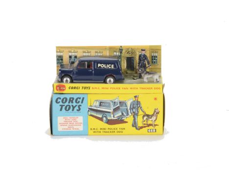 A Corgi Toys 448 B.M.C Mini Police Van With Tracker Dog, dark blue body, red interior, spun hubs, aerial, policeman and dog, 