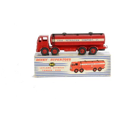 A Dinky Supertoys 943 Leyland Octopus 'Esso' Tanker, dark red body, diecast hubs, tinplate tank, in original box dated 6 MAR 