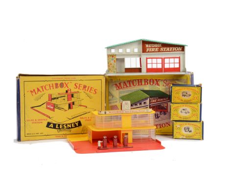 A Matchbox Series MF-1 Fire Station, white with green roof, VG, MG1 'Esso' Sales & service Station, F-G, MOY No.2 B Type Bus,