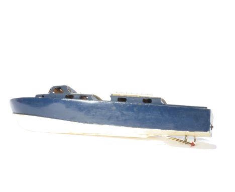 A 1960s-1970s hand built wooden diesel powered Launch, all wood construction, painted in blue and white with Frog Diesel Engi