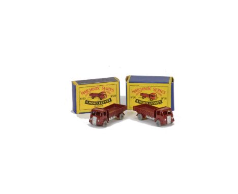 Matchbox Lesney 1-75 Series MB-20a ERF Stake Truck, two examples, one maroon body, one lighter maroon body, both with MW, in 