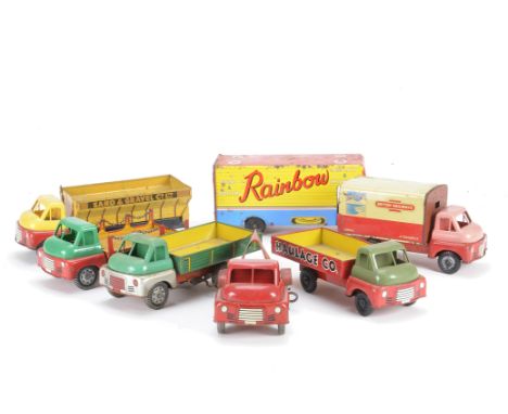 Wells Brimtoy large scale clockwork and friction drive  Vehicles, Rainbow Removals Van, Haulage Trucks (2), Chain Lorry, Brea