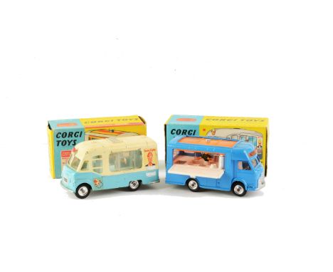 A Corgi Toys 471 Smith's Karrier Mobile Canteen, blue/white, 'Joe's Diner' label, VG-E, 428 Karrier Ice Cream Van ' Mister So