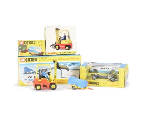 Corgi Toys 109 Pennyburn Workmen's Trailer, 271 Ghia 5000 Mangusta with De Tomaso Chassis, 650 BOAC Concorde, Dinky Toys 404 